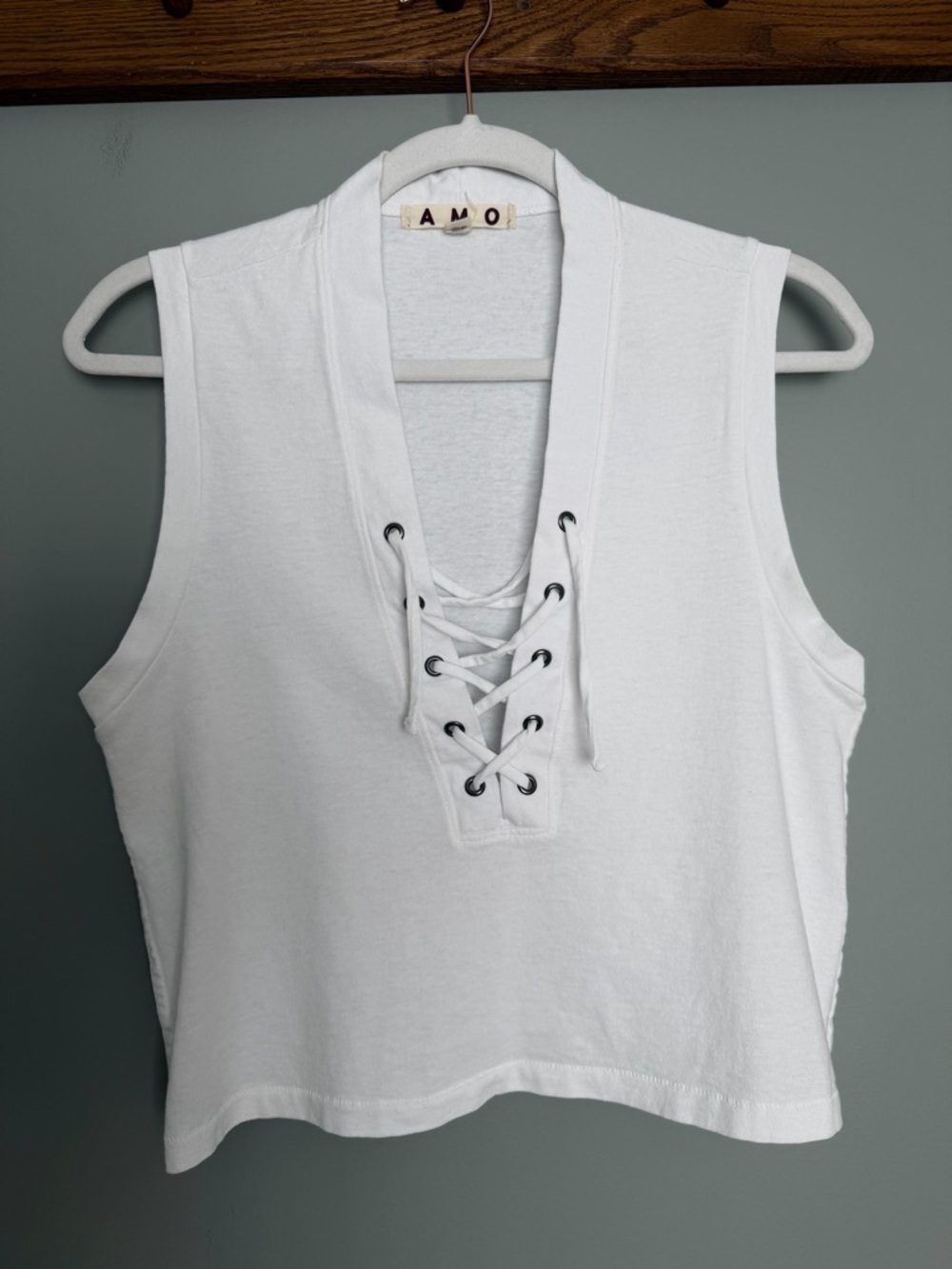 AMO "Aviva" 100% Cotton USA Made White Lace Up Front Sleeveless Tank Top